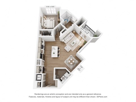 Floor plan for 1 bed, 1 bath, 945 sqft
